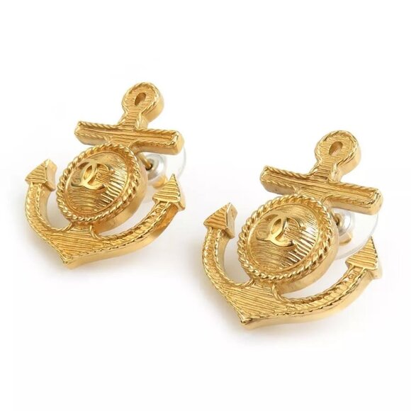 Auth CHANEL CC Logo Anchor Motif Pierce Earrings Gold Metal - e59844i - Picture 2 of 8